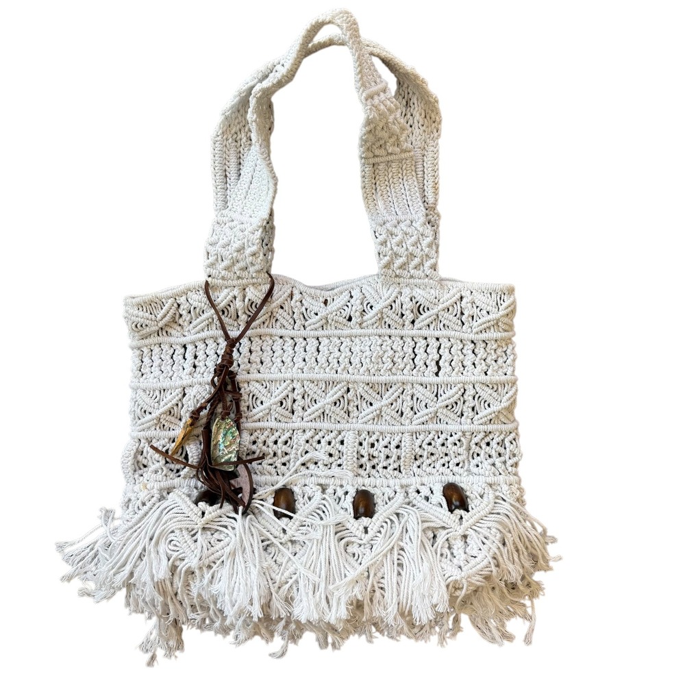 Lucky Brand Macrame Fringe Tote Bag Cream Cotton Boho Wood Beads Abalone Charm